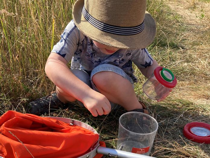 Barn sidder på strandmark med insektnet og glas.