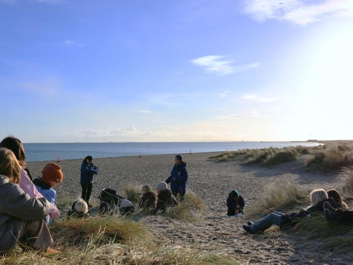 Elever der sanser vejret på stranden